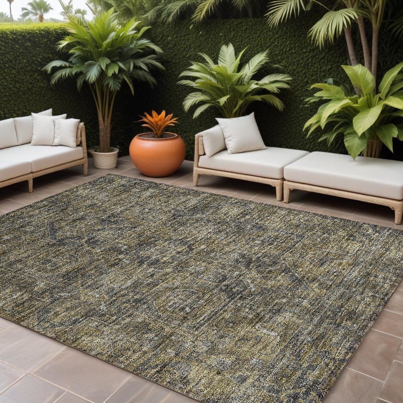 Edge Collections - 10' x 14' - Gray - Washable Non-Skid Indoor Outdoor Area Rug with Oriental Design - 1 Piece